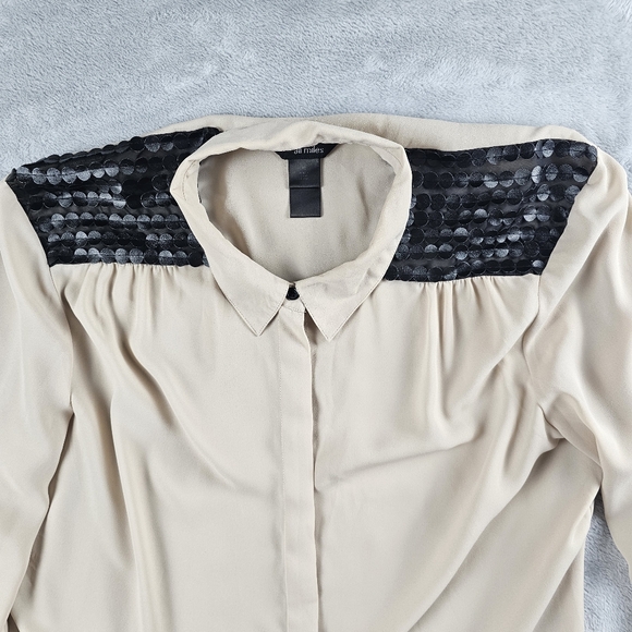 Ali Miles Button Down Blouse Beige XL Matte Sequins Shoulder Block Shoulders - Picture 2 of 10